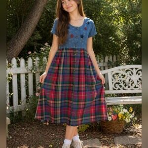 Jane Ashley Denim Bodice Plaid Dress Size M Vintage  Button Front Midi Dress